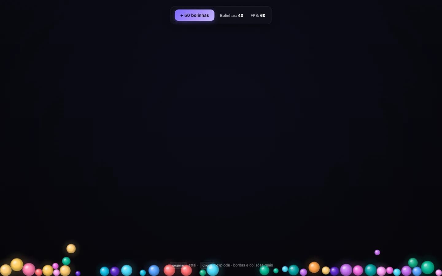 Bolinhas coloridas e brilhantes acumuladas no chão da tela, com contador de bolinhas e FPS no topo