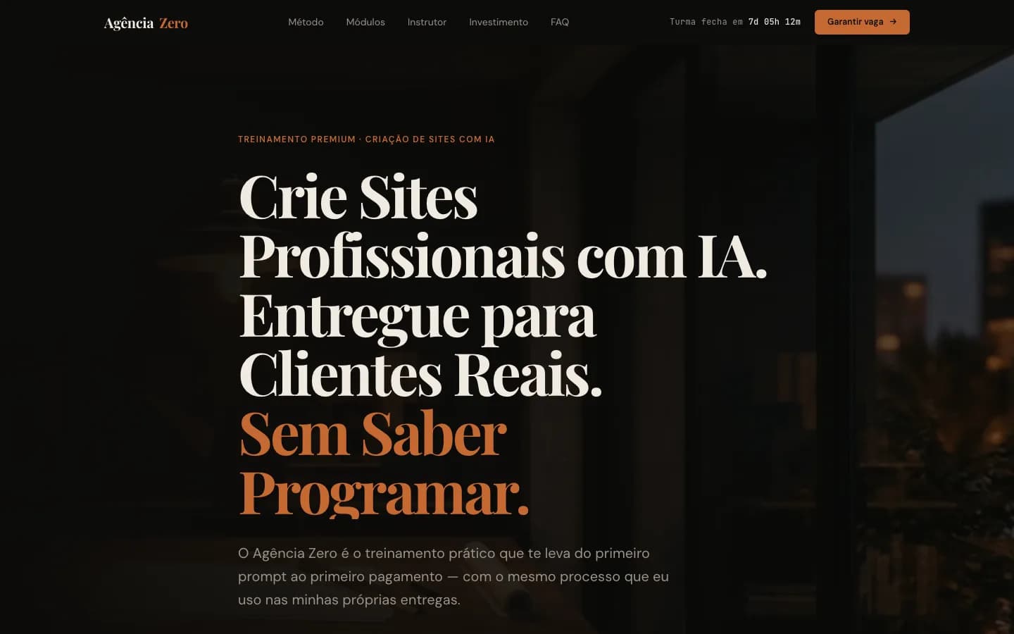 Hero da landing experimental Agência Zero sobre criação de sites com IA
