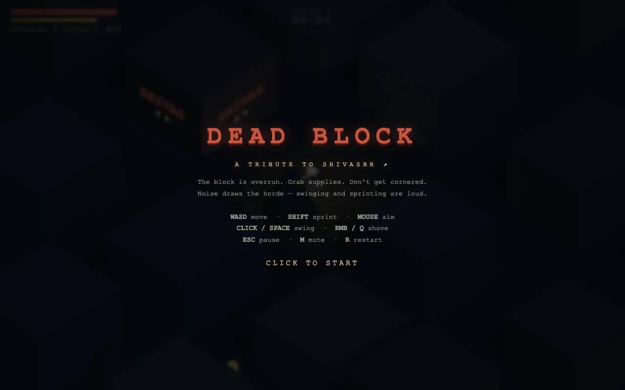 Tela de abertura do DEAD BLOCK, com título, tributo ao ShivasBR e instruções de controle