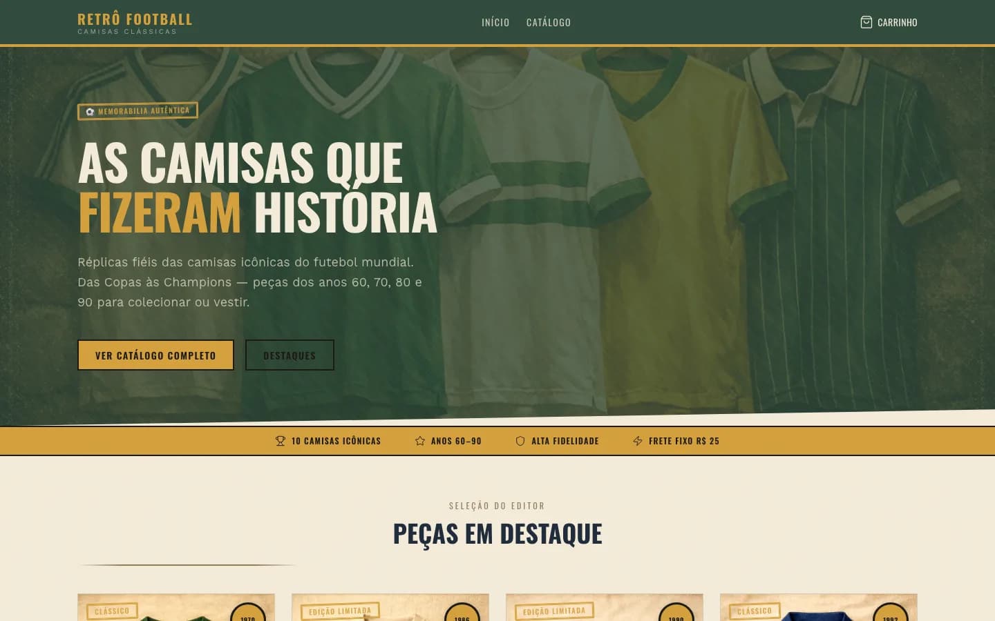 Vitrine do experimento Retrô Football, com camisa clássica de futebol e produtos em uma composição verde e amarela.