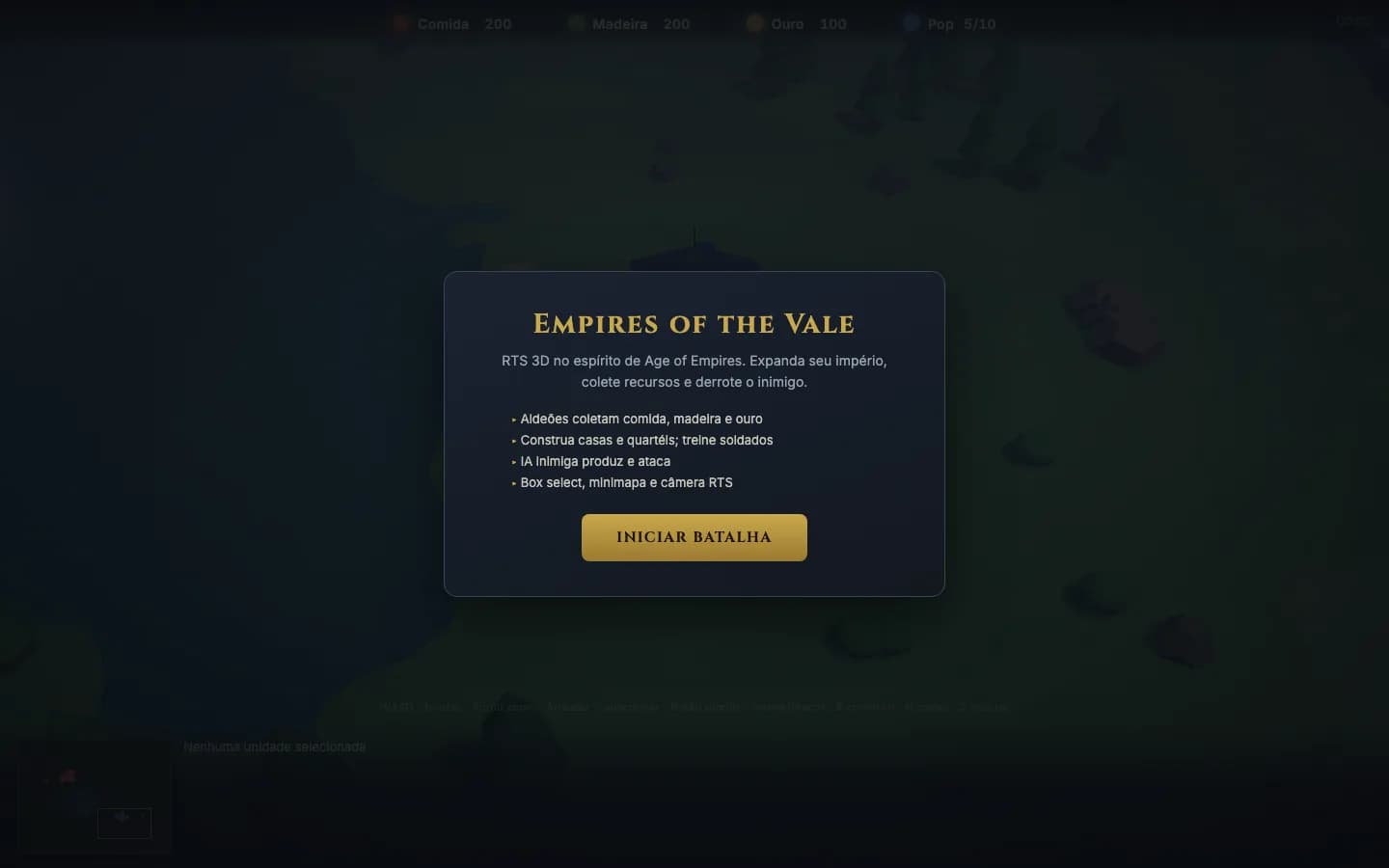 Tela de abertura do RTS Empires of the Vale sobre um vale 3D, com recursos no topo e botão de iniciar batalha