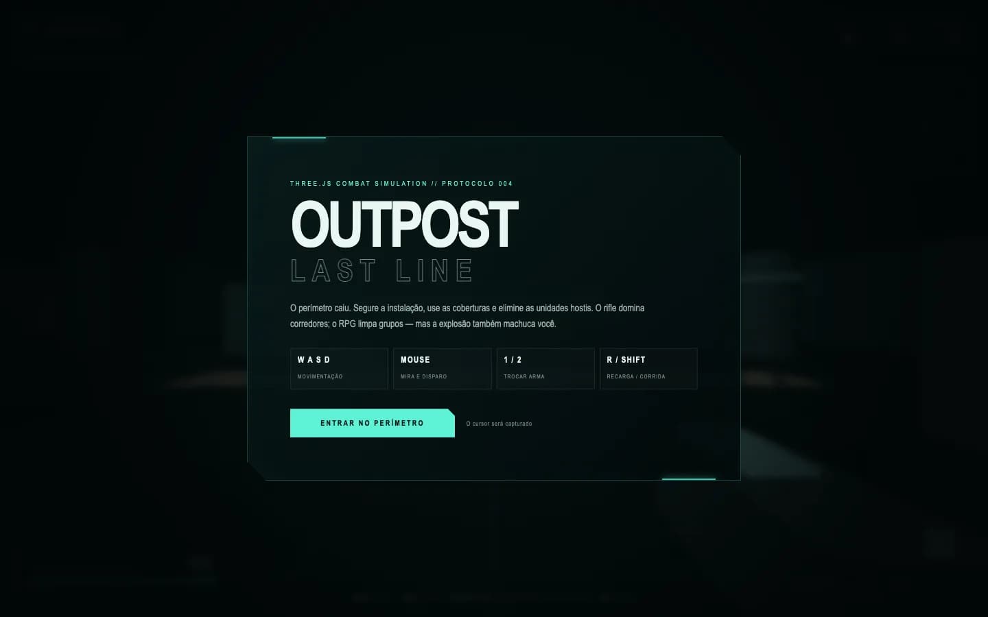 Tela de abertura do FPS Outpost: Last Line, com título, instruções de controle e botão de entrar no perímetro