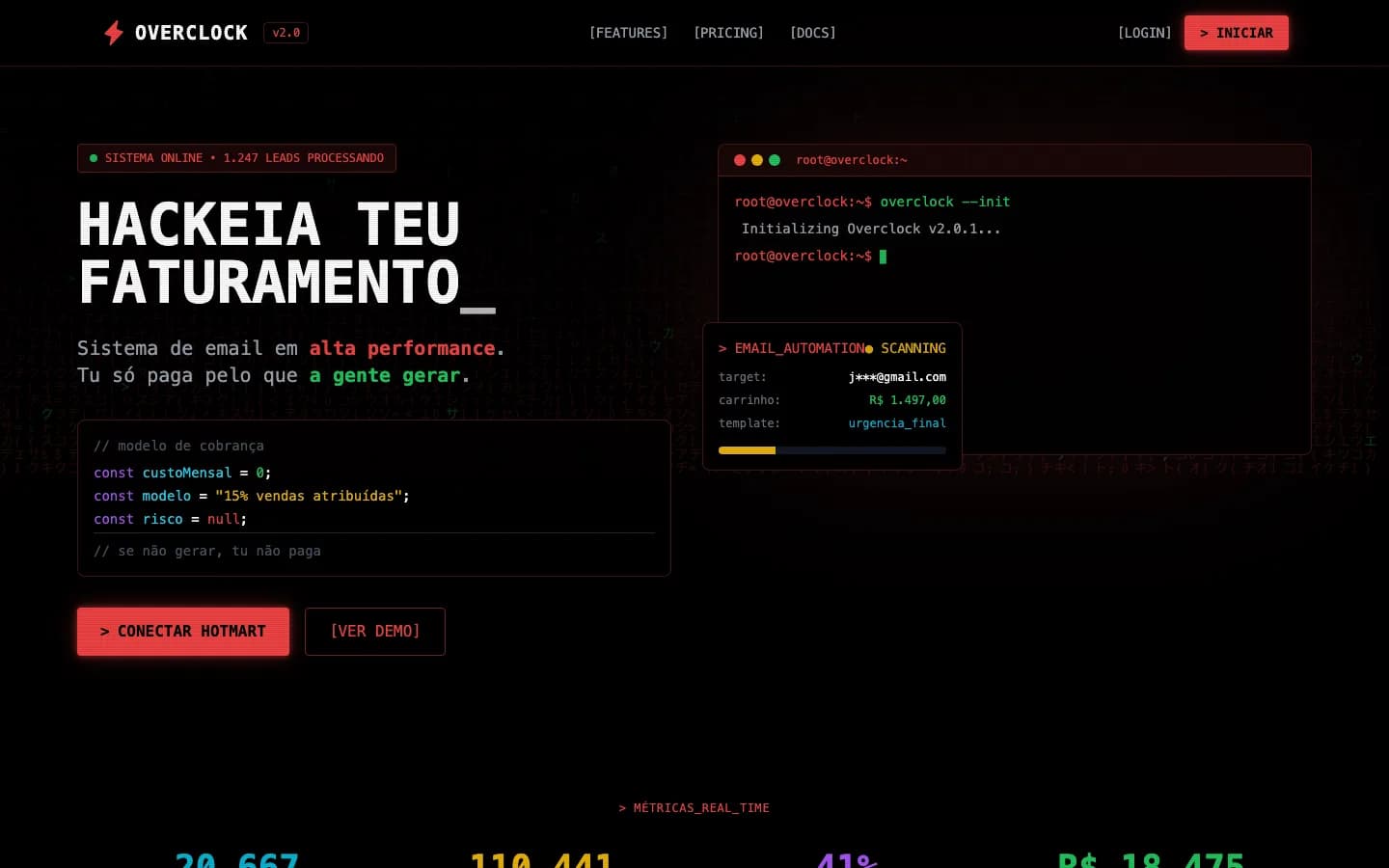Hero do conceito Overclock v1, com tipografia vermelha e painel de operação em estética de terminal.
