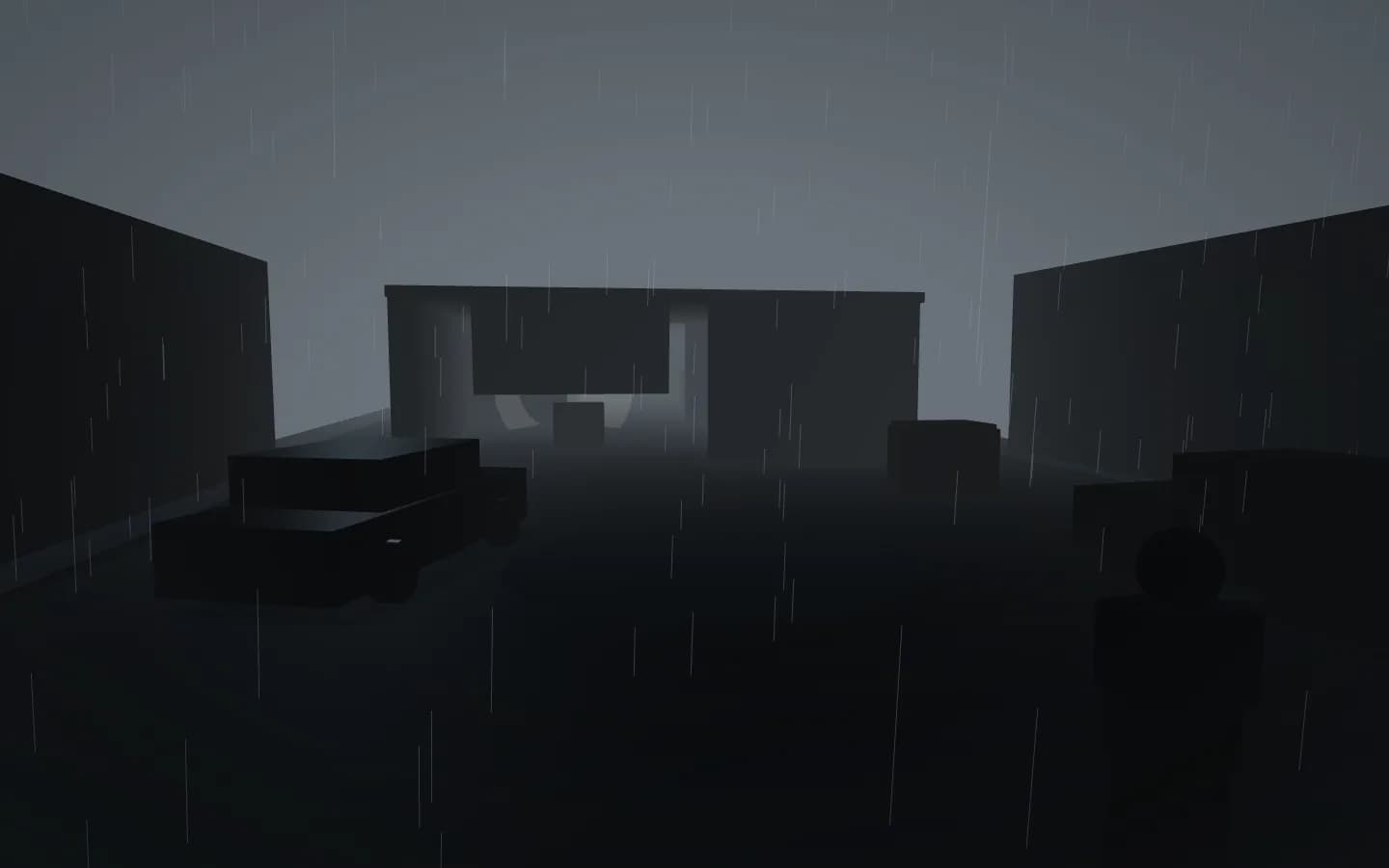 Cena jogável de Seattle 2 sob chuva, com construções, veículo e um vigia ao fundo