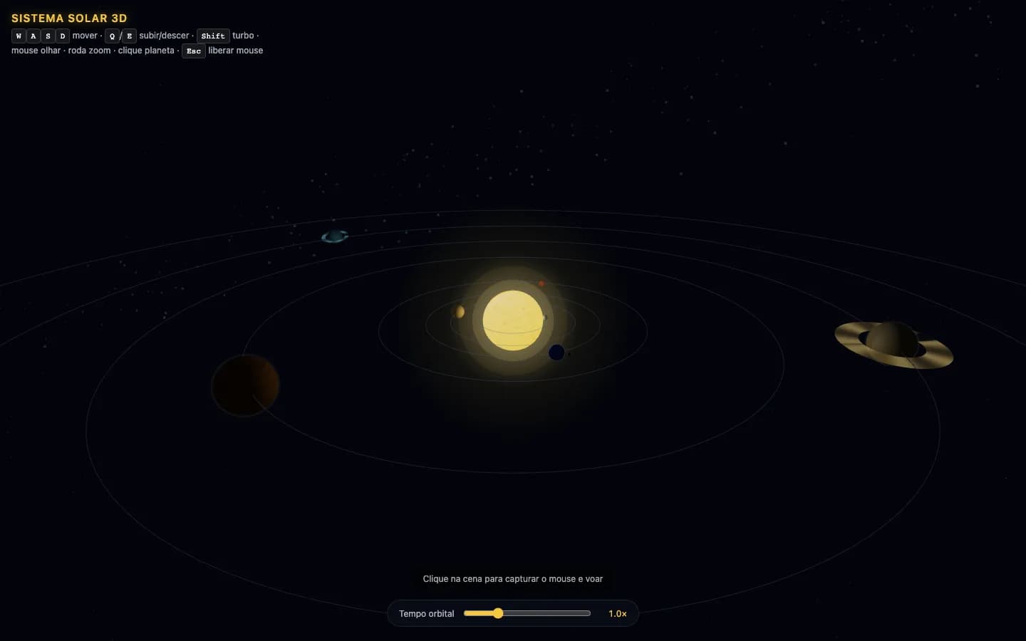 Sistema Solar em 3D com o Sol ao centro, órbitas visíveis e painel de instruções de voo