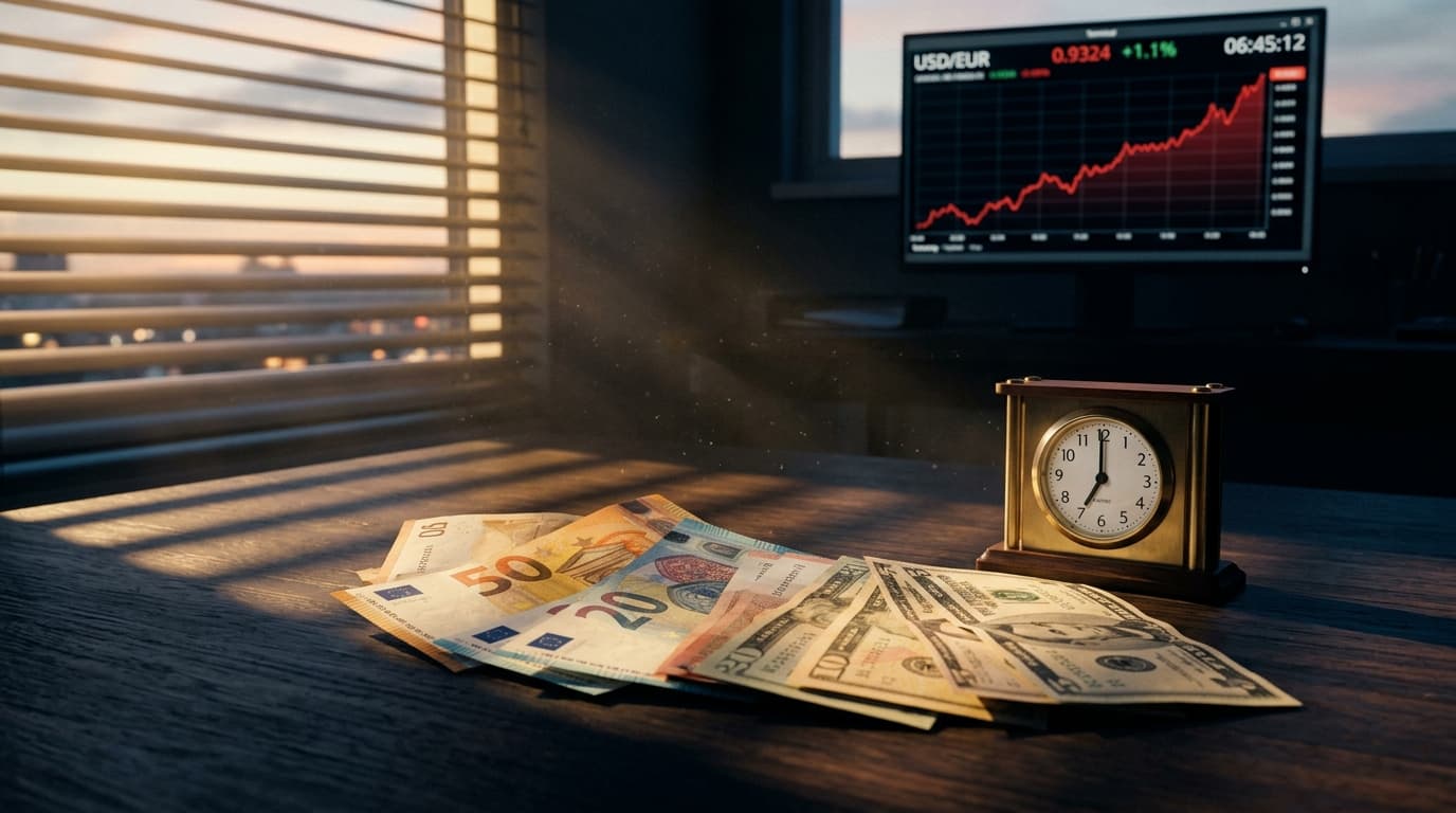 Mesa ao amanhecer com cotações de euro e dólar já atualizadas em um monitor