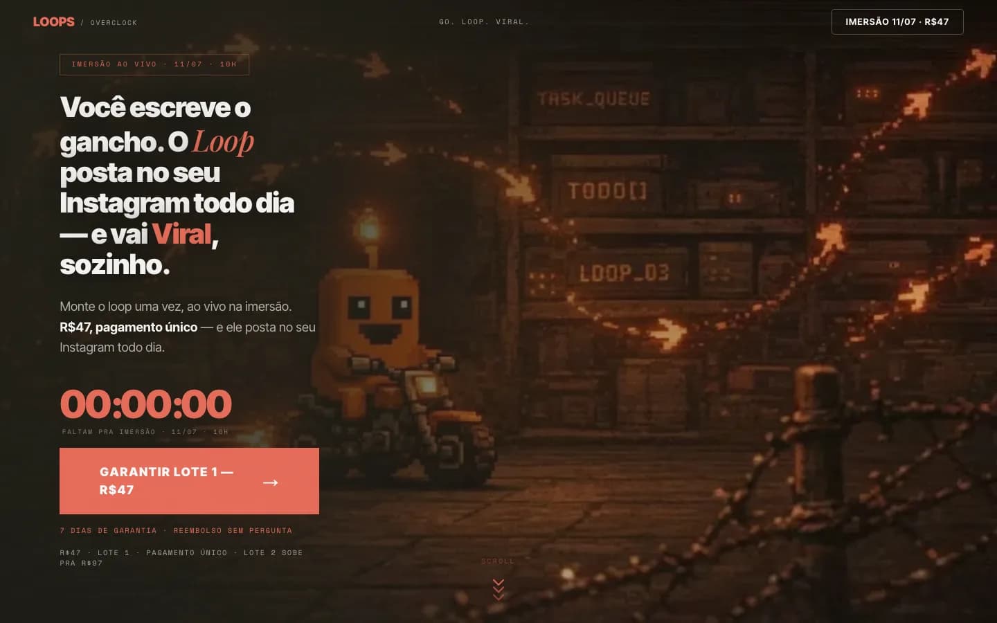 Hero da landing LOOPS com um robô laranja diante de uma central de tarefas