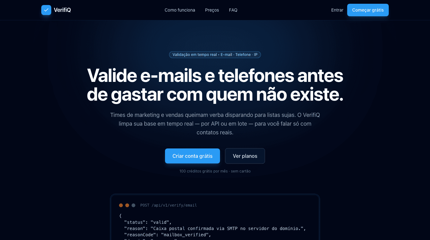 VerifiQ — SaaS de validação de e-mails e telefones entregue pelo squad SaaS 10K, no ar