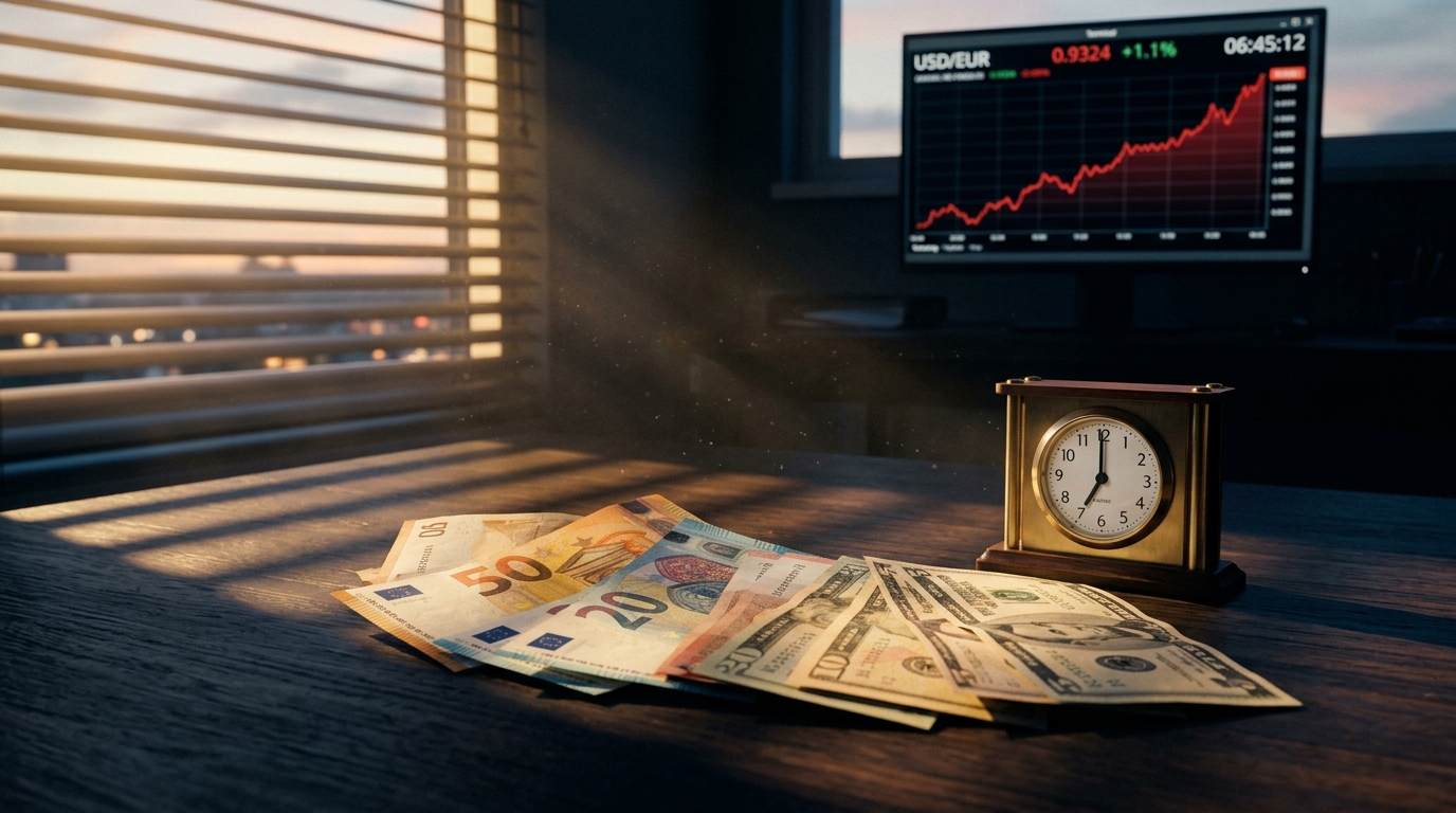 A cotação do dia já buscada às 07:00 — euro e dólar na mesa, gráfico no monitor: o Autopilot trabalhou antes de você acordar