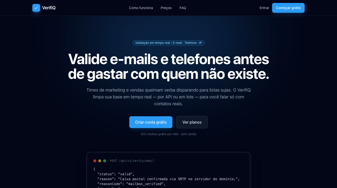 VerifiQ — SaaS de validação de e-mails e telefones entregue pelo squad SaaS 10K, no ar