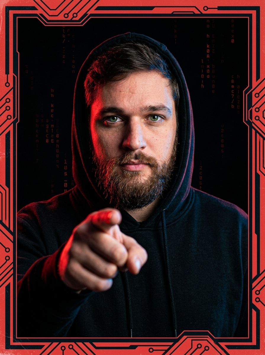 Guilherme Laschuk apontando para a câmera, estilo pôster de recrutamento